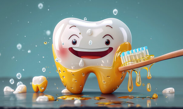 Caricatura de una muela siendo limpiada de sarro con un cepillo de dientes, higiene dental, educaci&oacute;n infantil, prevenci&oacute;n, cuidado, divertido