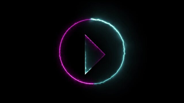 Video, audio neon play icon, Vibrant colors, rendering and glowing play button. Press to play. Start button.
