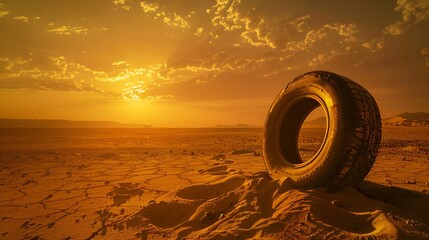 Transport yourself to a windswept desert plain, where a golden tire stands as a solitary monument against the vast expanse of dunes, bathed in the warm glow of the setting sun.