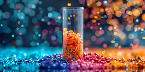 A test tube filled with vibrant confetti, representing a colorful and festive scientific experiment Macro