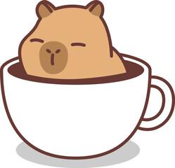Cute capybara in coffee cup cartoon, vector illustration
