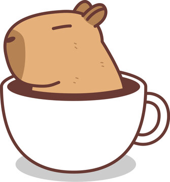 Cute capybara in coffee cup cartoon, vector illustration