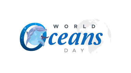 world oceans day celebration template design. Happy World Oceans Day, June 8. Accompanied by a vector illustration of a dolphin. The concept of increasing public interest in marine protection