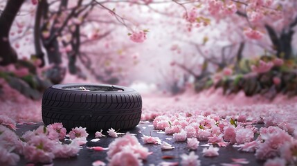 Wander through a tranquil cherry blossom garden, where a blush pink tire rests delicately amidst the soft petals, evoking a sense of serenity and natural beauty.