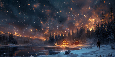Fototapeta premium A cabin surrounded by snow in a winter landscape