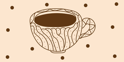 Doodle coffee or tea with decor dots in brown, beige colors. Editable stroke. Vector hand drawn illustration for business, banners, textile, wallpaper, wrapping. Isolated on beige background	