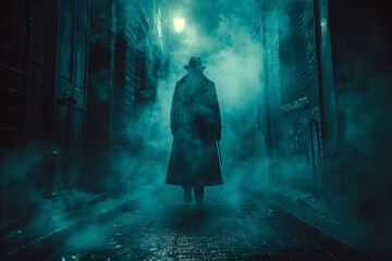 Silhouette of  man in a trench coat walks down a dimly lit alley at night noir