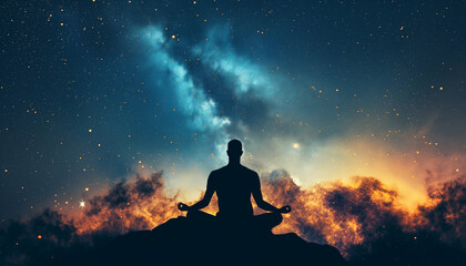 Silhouette of a person meditating under a starry night sky with a vibrant galaxy backdrop, symbolizing cosmic connection, inner peace, and spirituality. Conceptual image highlighting meditation