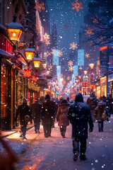 Obraz premium Group of people walking on a snowy street lined with festive christmas lights
