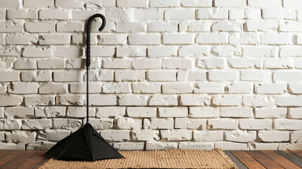 Stylish umbrella and door mat near white brick wall