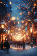 Obraz premium Group of individuals navigating a snow-covered street adorned with twinkling Christmas lights