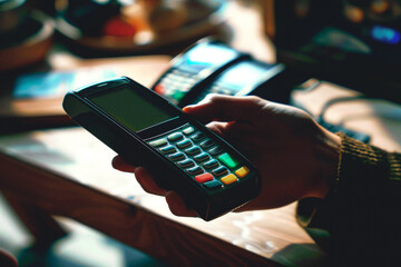 Close-up of a hand holding a payment terminal in a cozy cafe setting.