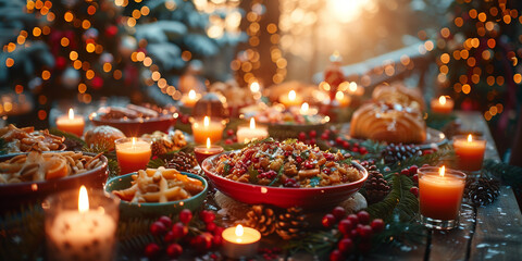 A Christmas table spread with candles and delicious food for a holiday celebration