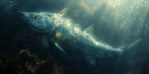 Naklejka premium Swordfish large fish swims gracefully in the depths of the ocean