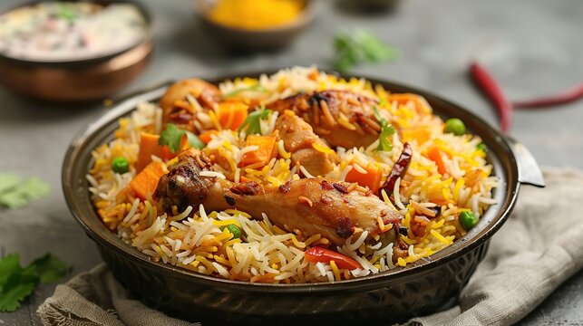 Chicken Dhun Biryani with Jeera Rice and Spices, Generative AI