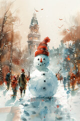 Obraz premium Watercolor painting depicting children building a snowman in a snowy landscape