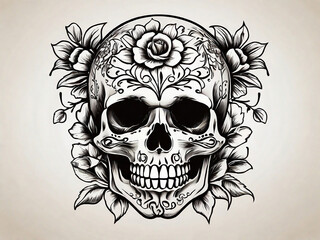 Skull Face Death Halloween Bones Vector Illustration Mexican Traditional Horror Skeleton Flower Floral Gothic Ornament Pattern Tattoo Art Culture Decoration Isolated Emblem Poster Graphic Symbol