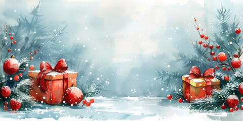 Watercolor illustration of craft Christmas gifts in snowy setting copy space