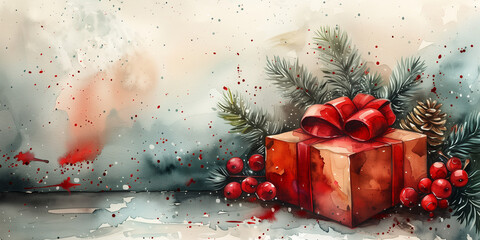 Watercolor painting of a red gift box adorned with berries and pine cones copy space