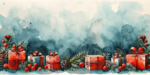 Watercolor illustration featuring craft Christmas gifts surrounded by pine cones copy space