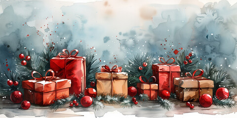 Watercolor illustration of Christmas presents wrapped in festive paper, adorned with red berries copy space