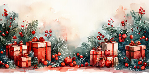 Watercolor illustration featuring craft Christmas gifts and festive berries copy space