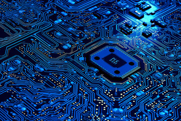 A close up of a blue electronic circuit board with a small chip on it