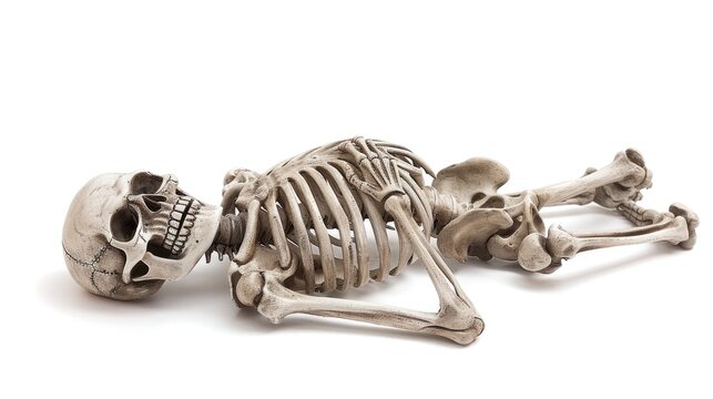 Human skeleton lying down. death concept. isolated on white background