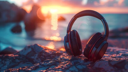  Sleek noise-canceling headphones against a backdrop of a stunning sunset, blending advanced...