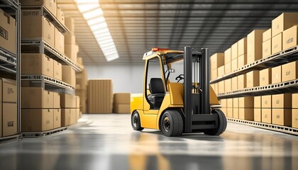 Forklift truck in warehouse or storage loading cardboard boxes.