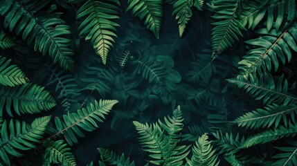 Fototapeta premium Natural background of young fern leaves on a dark background. A garden or a park.