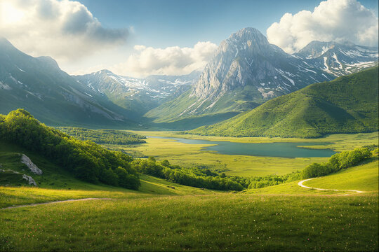 Idyllic mountainous landscape with lush valley