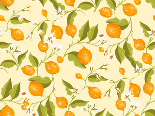 Tropical seamless pattern with blooming yellow lemons, limes on branch with green leaves and buds. Vector hand drawing. Abstract artistic summer fruit repeated background. Designs for textiles kitchen