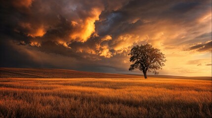 Dramatic sky over lone tree in field