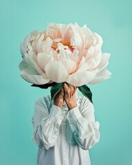 A giant flower in the shape of a peony is covering her face, with a pale pink and white color palette. old man and holding the flower with one hand on her shoulder. 