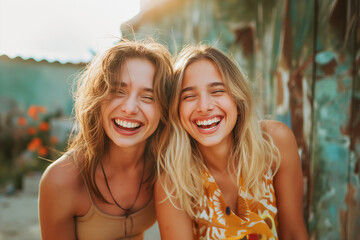 Funny best friends laughing happily while