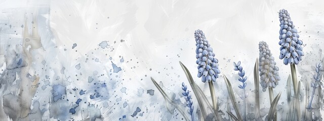 Abstract background with watercolor colorful splashes and painted hyacinth flowers. Template for your designs, such as wedding invitation, greeting card, posters, etc.