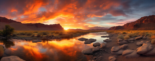 Late sunset over the river, beautiful colorful panoramic view, generated ai