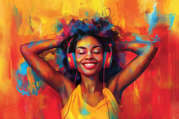 Colorful background with happy black woman listening to music on headphones