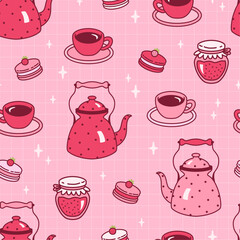 Tea time seamless pattern. Kettles, cups and desserts on pink background. Hand drawn vector illustration.