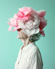 A old gray-haired woman in white stands with her face covered in the style of an oversized flower, creating a surreal and dreamy atmosphere against the turquoise studio white background. 