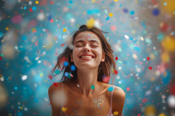 Woman smiling celebrating life, confetti in the air.