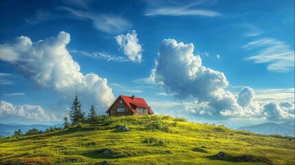 Solitary house on a green hill under clouds