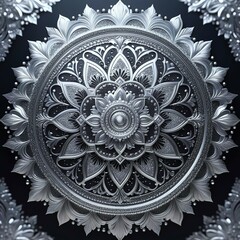 floral mandala with glitter in grey hues against dark background, silver mandala. concepts: calmness, sophistication, meditation, spirituality, relaxation, ambient spiritual instrumental music genres