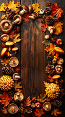 Top view of various open mushrooms on wooden table Free space in the middle for text.