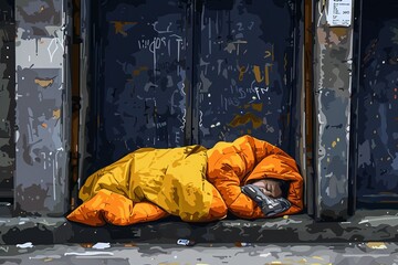 An illustration of a homeless person sleeping on the street. Financial crisis concept
