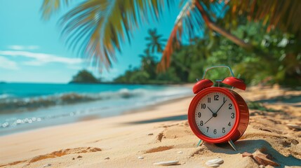 Close up red alarm clock on a tropical beach near the ocean and green palm trees. Rest time,...