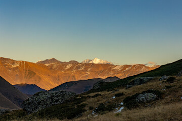 Stunning view of the majestic high mountains of Roshka, Georgia, and Abudelauri Lakes in winter