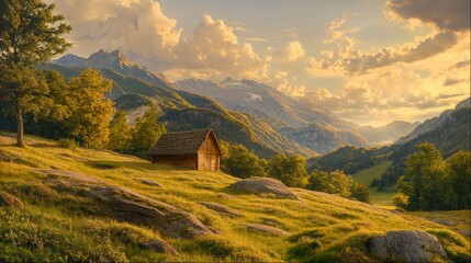 Golden sunset over mountain cabin landscape