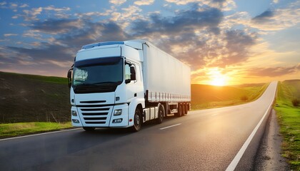 Truck on the asphalt road in the evening